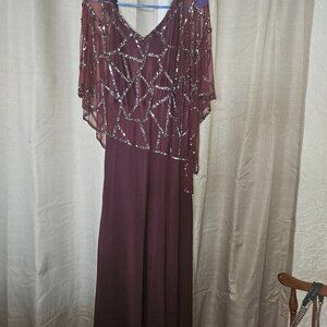 Size 16 Burgundy J Kara formal  cape style dress  with Silver Embellishments